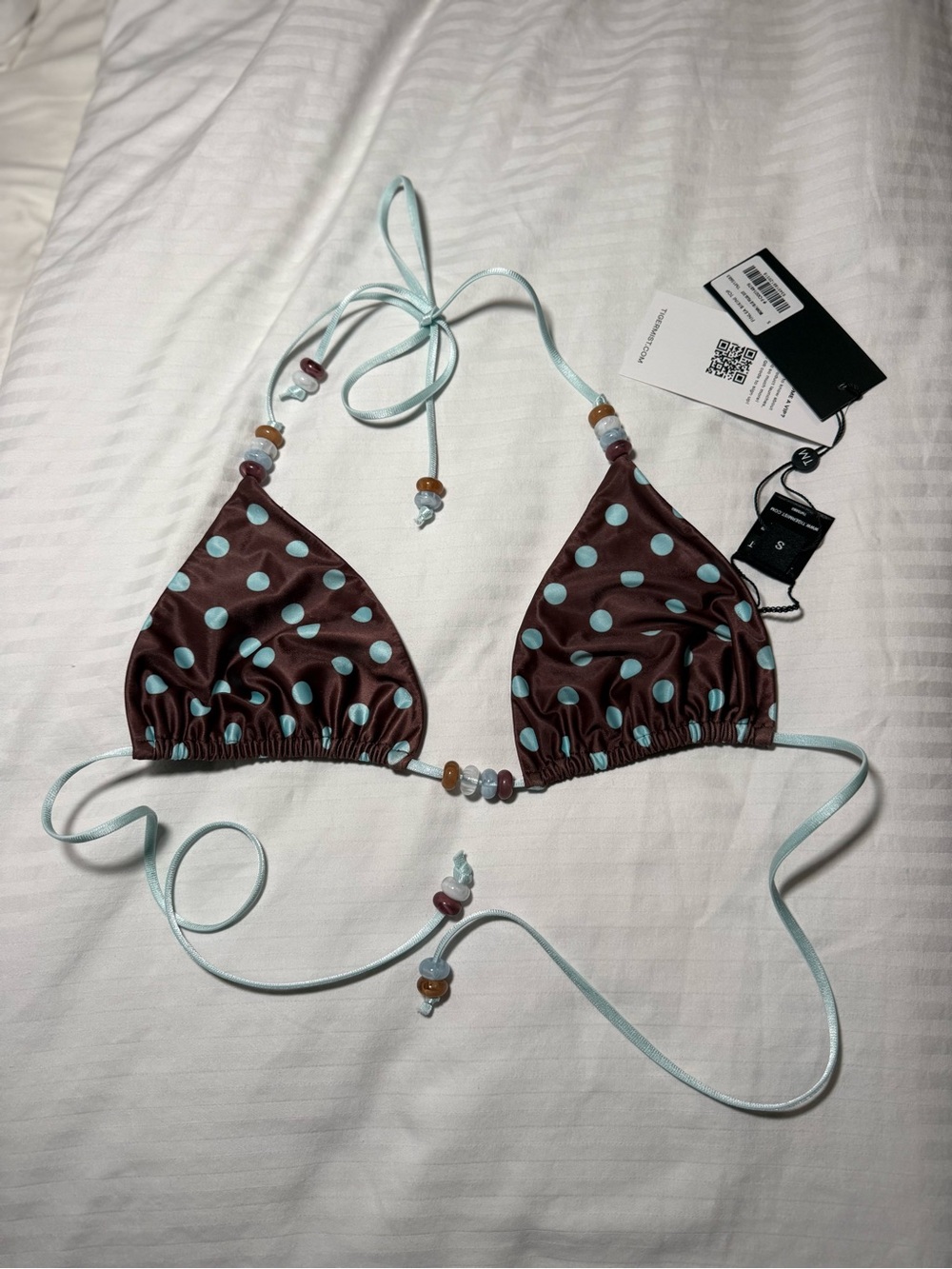 Tiger Mist Brown Triangle Bikini Top with Light Blue Polka Dots